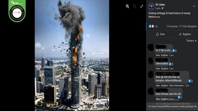 Gambar Tangkapan Layar Foto yang Diklaim Gedung Tertinggi di Israel Hancur Diserang Hamas (sumber: Facebook)