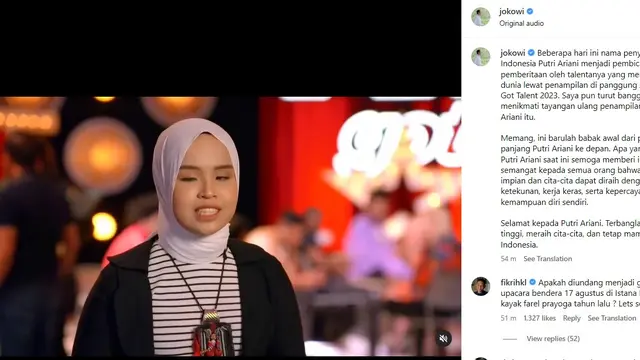 Presiden Jokowi mengunggah ulang video Putri Ariani di America's Got Talent 2023. Presiden juga memberi ucapan selamat kepada Putri Ariani