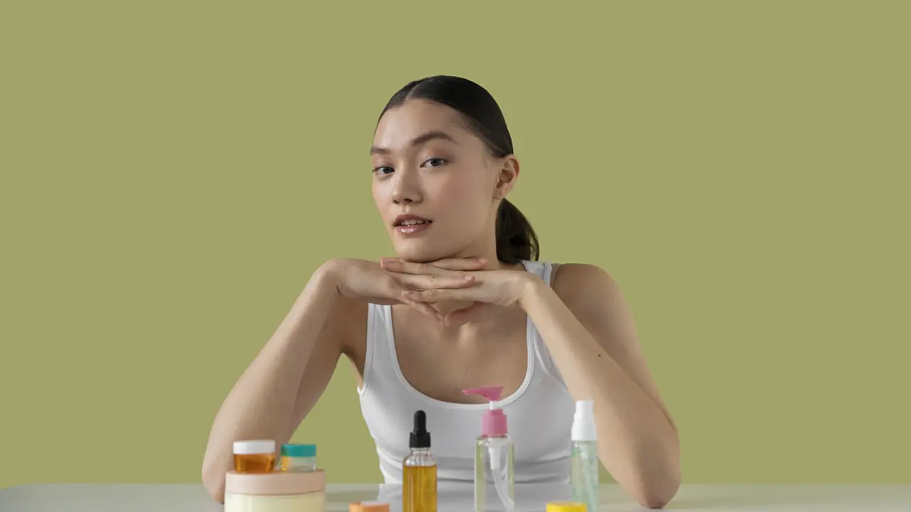 Seorang perempuan menopang dagunya di antara skincare yang ada di meja (Foto Dok: Freepik/freepik)