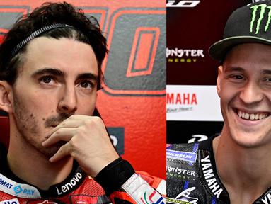 Ekspresi berbeda dari dua pembalap yang sedang berjuang meraih titel juara dunia MotoGP 2022 yaitu pembalap Ducati, Pecco Bagnaia dan pembalap Yamaha, Fabio Quartararo terlihat saat sesi latihan bebas di sirkuit Ricardo Tormo. (Foto-foto: AFP/Javier Soriano)