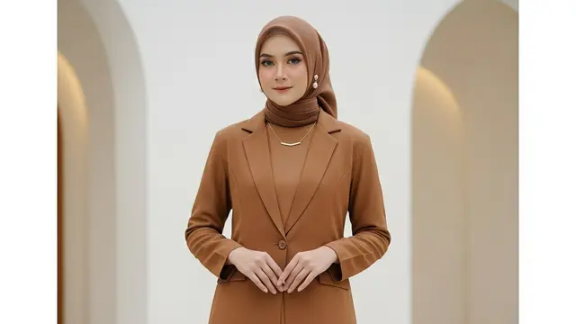 Model dan Bahan Gamis Blazer Coklat (Image by Gemini AI)
