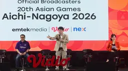 Head of Sports Emtek Media dan CEO Nex Hendy Lim bersama Managing Director Vidio Hermawan Sutanto saat konferensi pers hak siar dan penayangan Asian Games 2026 di Studio Lantai 8 SCTV Tower, Senayan City, Jakarta, Jumat, 4 September 2026. (KLY/ Arie Basuki)