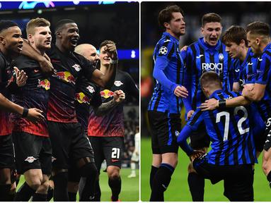 RB Leipzig dan Atalanta berhasil menembus babak perempat final Liga Champions untuk kali pertama usai mengalahkan klub yang lebih besar. RB Leipzig mengalahkan Tottenham dan Atalanta sukses memulangkan Valencia. (kolase foto AFP)