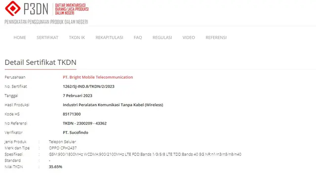 Tangkapan layar situs TKDN Kemenperin tampilkan HP Oppo yang kemungkinan Oppo Find N2 Flip (Liputan6.com/Giovani Dio Prasasti)