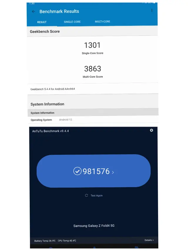Skor AnTuTu (bawah) dan Geekbench (atas) untuk Samsung Galaxy Z Fold4 5G