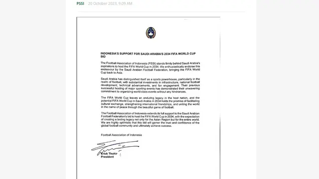 Surat Dukungan PSSI terhadap Arab Saudi untuk pencalonan tuan rumah Piala Dunia 2034