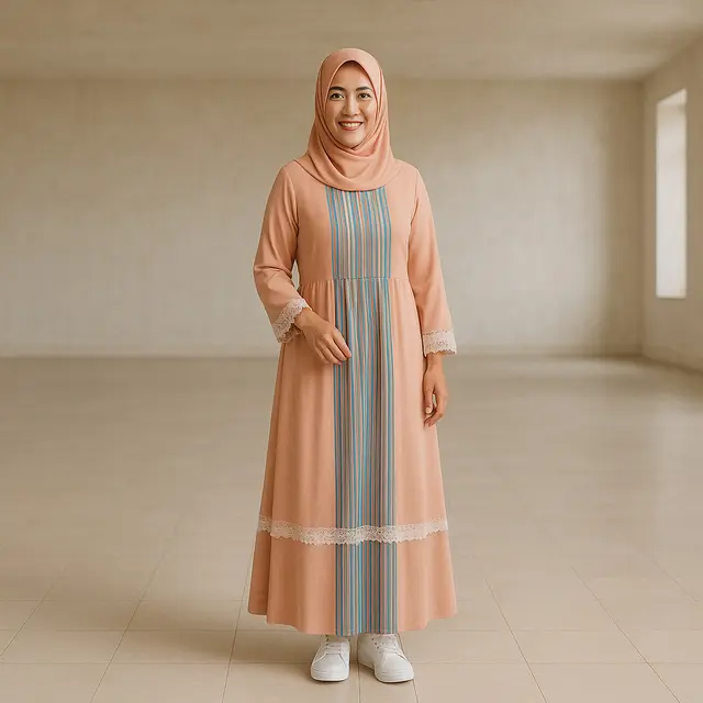 Model Gamis Lurik Kombinasi Polos Terbaru untuk Ibu-Ibu Usia 40 Tahun/via ChatGPT