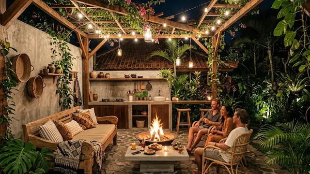 Teras Rustic dengan Area Api dan Dapur Outdoor