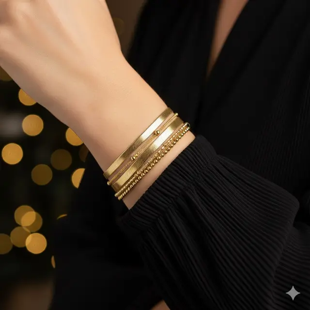 Gelang Emas Kombinasi Tali Ular dan Pasir Cocok untuk Gaya Layering