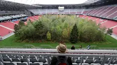 Pengunjung melihat instalasi ekosistem hutan di Stadion Woerthersee, Austria, Minggu (8/9/2019). Karya seni di salah satu stadion yang digunakan dalam ajang Piala Eropa 2008 ini diciptakan oleh seorang seniman asal Swiss bernama Klaus Litmann. (AP/Ronald Zak)