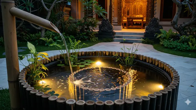 Model Kolam Ikan Mini Ornamen Bambu di Teras Rumah yang Klasik tapi Segar/Ilustrasi AI