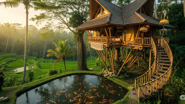 Model Rumah Bambu Gaya Bali Dengan Kolam Ikan/Ilustrasi gambar AI