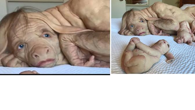 Tangkapan layar yang diklaim sebagai wanita berubah menjadi anjing karena dikutuk ibunya (kiri) dan foto dari hasil karya seni seniman Australia, Patricia Piccinini yang ditemukan di situs CBC (kanan).