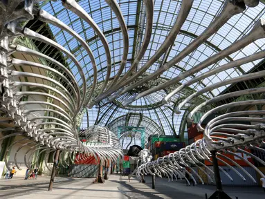 Tampilan instalasi dari kerangka ular di pameran Monumenta di Grand Palais, Paris , Prancis , 8 Mei 2016. Huang Yong Ping adalah seniman kontroversial dan provokatif dari seni China di tahun 1980-an. (REUTERS / Jacky Naegelen)