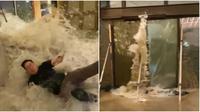 Topan Super Ragasa di Hong Kong Hancurkan pintu&nbsp;kaca dan bikin lobi Fullerton Ocean Park Hotel banjir. (dok. tangkapan layar video Facebook Bosco Chu)