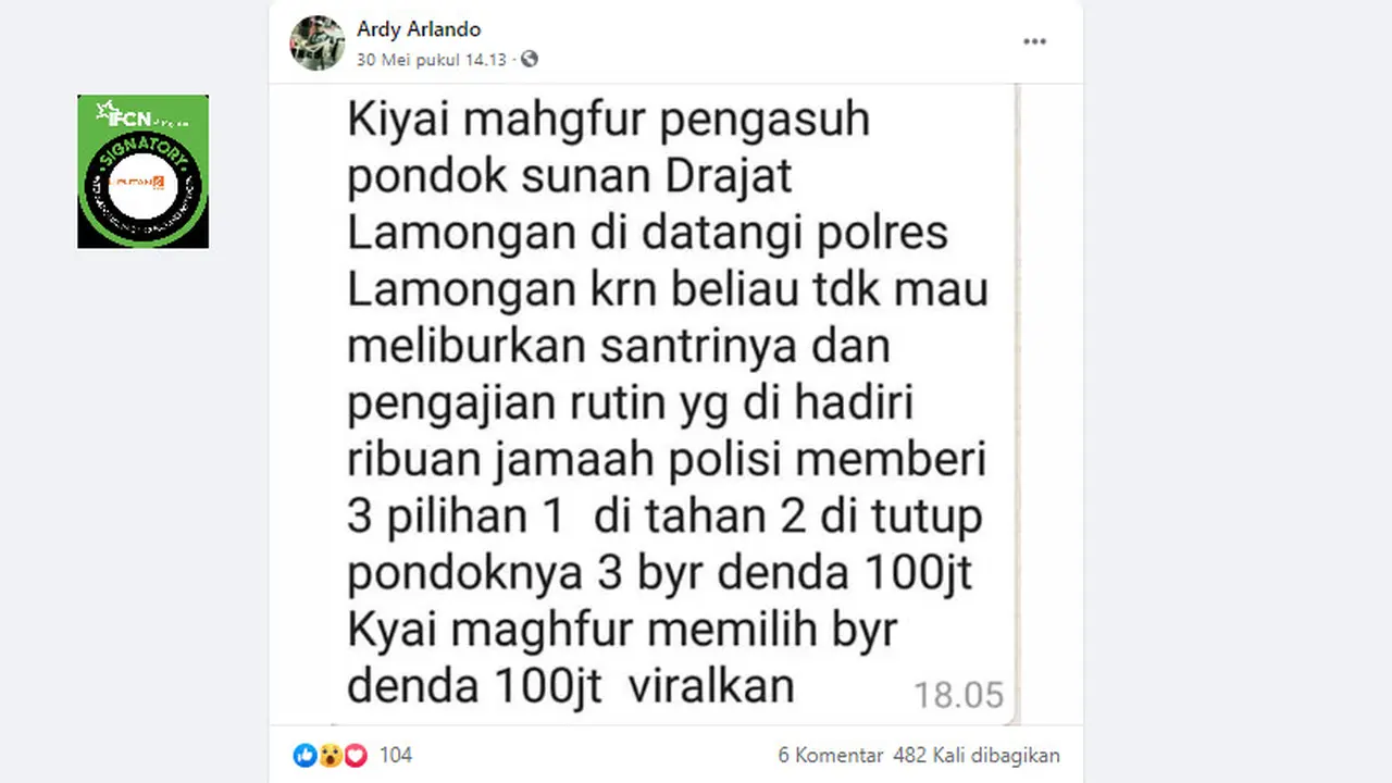 Penelusuran Klaim Pengurus Pondok Pesantren Sunan Draj at Didenda Polres Lamongan