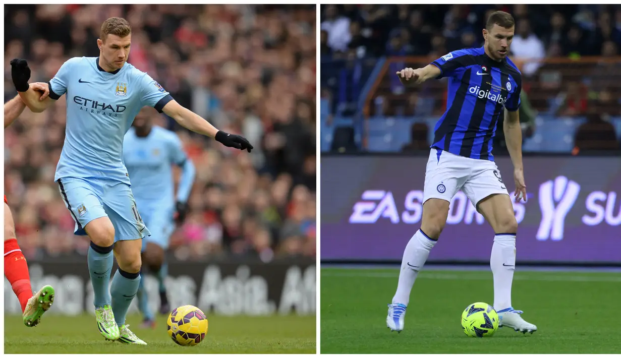 Foto kolase saat Edin Dzeko (kiri) saat membela Manchester City dalam pertandingan Liga Inggris pada 1 Maret 2015 dan Dzeko (kanan) saat membela Inter Milan dalam pertandingan Italian Super Cup pada 18 Januari 2023. (AFP/Oli Scarff, Fayez Nureldine)