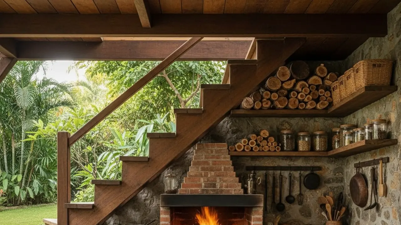 Desain Dapur Bawah Tangga Rustic dengan Rak Kayu Terbuka