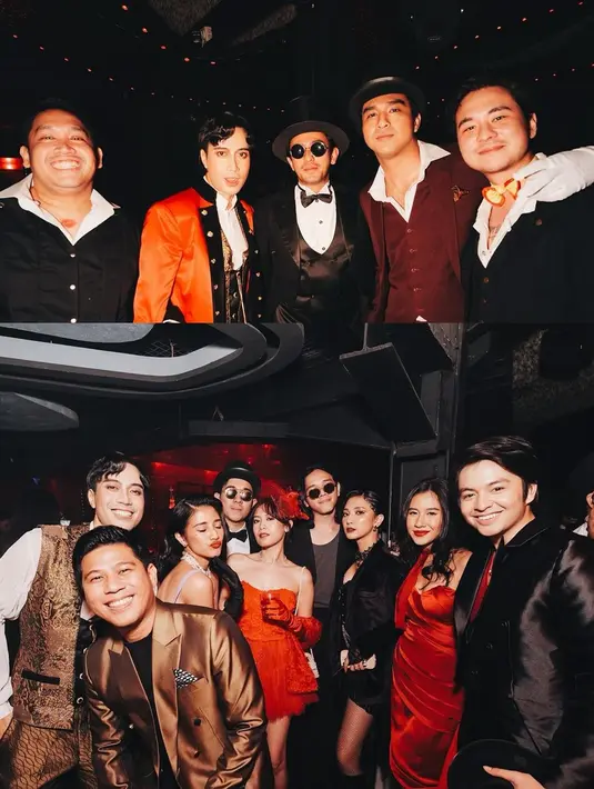Bak Met Gala versi Indonesia, Geng Aries setiap tahunnya memang menggelar pesta ultah bersama. Tema yang diusung dan kostum yang dipakai pun selalu unik dan glamor. Termasuk pasangan kekasih Angga Yunanda dan Shenina Cinnamon. (Liputan6.com/IG/@vidialdiano)