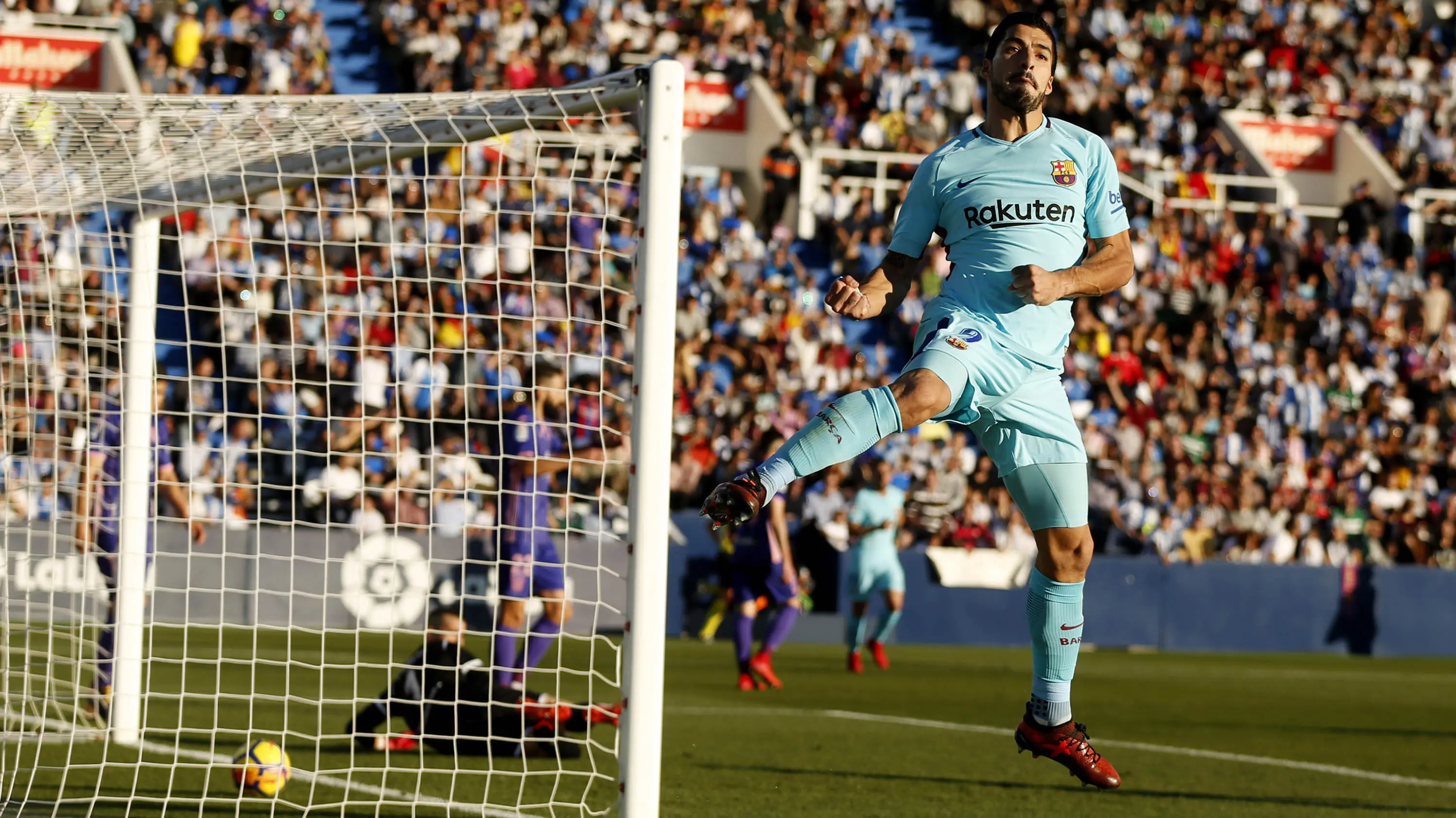Luis Suarez merayakan gol ke gawang Leganes. (AFP/Francisco Seco)