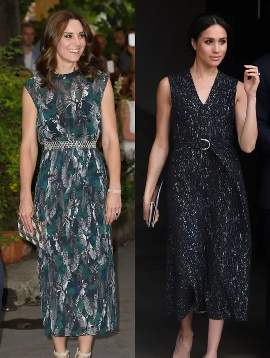 Kate Middleton dan Meghan Markle juga pernah kembaran sata memakai belted dress loh! (Getty Images/Cosmopolitan)