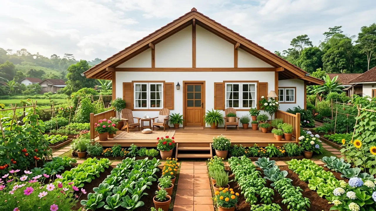 Inspirasi Rumah Desa dengan Kebun Sayur Mengelilingi Halaman. Gemini