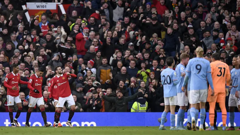 Selebrasi pemain MU ketika menjebol gawang Manchester City di Derby Manchester pada Liga Inggris 2022/2023