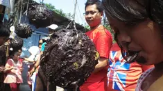 Anak-anak asyik menikmati permainan cabut koin dikawasan Cipinang Melayu, Jakarta, Minggu (17/8/14). (Liputan6.com/Faizal Fanani)