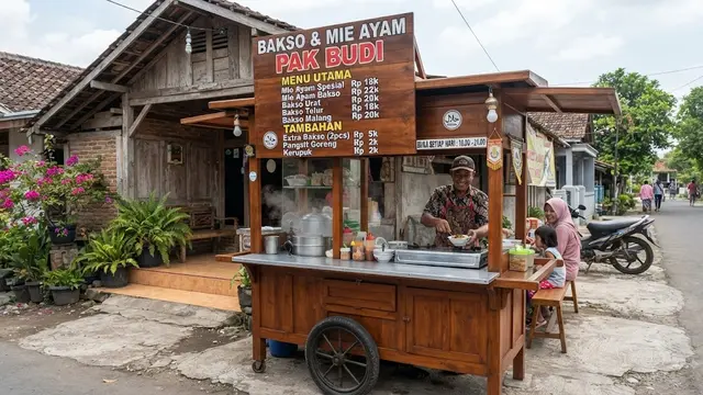 Desain gerobak kayu sederhana tapi bisa narik pelanggan model dengan papan menu besar