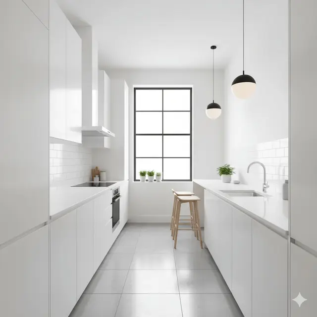 Dapur Rumah Sempit Tanpa Sekat dengan Konsep Terbuka. Gemini