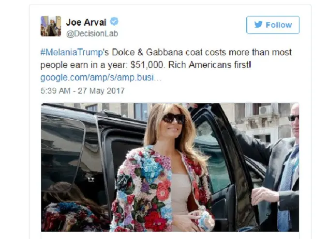 Komentar netizen menanggapi gaya berpakaian ibu negara Amerika Serika Melania Trump (Twitter/@DecisionLab) 