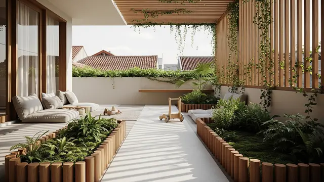 Desain Teras Ramah Balita dengan Kebun Mini Model dengan Jalur Bermain dan Kebun Mini