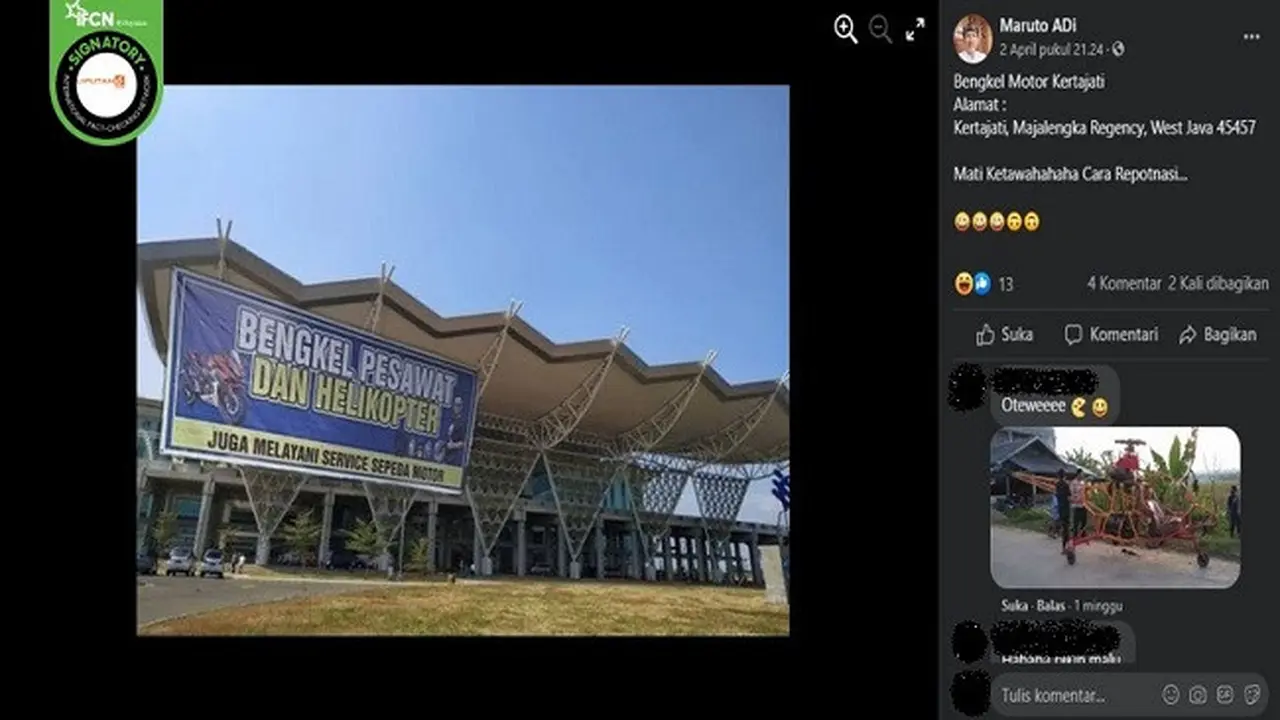 Gambar Tangkapan Layar Kabar tentang Bandara Kertajati Melayani Servis Sepeda Motor (sumber: Facebook)