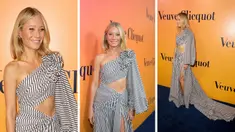 Foto kolase Gwyneth Paltrow saat menghadiri Peluncuran Pameran Budaya Veuve Clicquot Solaire di Beverly Hills, California pada 25 Oktober 2022.  (AFP Photo)