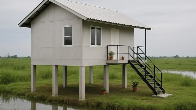 Rumah Sederhana dengan Pondasi Tinggi yang Asri (Foto: ChatGPT)