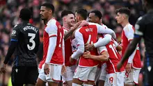 Selebrasi para pemain Arsenal usai Gabriel Megalhaes mencetak gol ke gawang Crystal Palace dalam lanjutan Premier League 2023/2024, Sabtu (20/1/2024). (AFP/Ben Stansall)