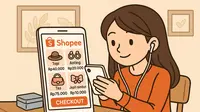 Ilustrasi seorang wanita mencari aksesoris fashion di Shopee. (Foto: OpenAI)