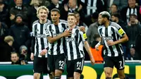 Selebrasi pemain Newcastle United merayakan gol Harvey Barnes (11) ke gawang Benfica di Liga Champions. (Richard Sellers/PA via AP)