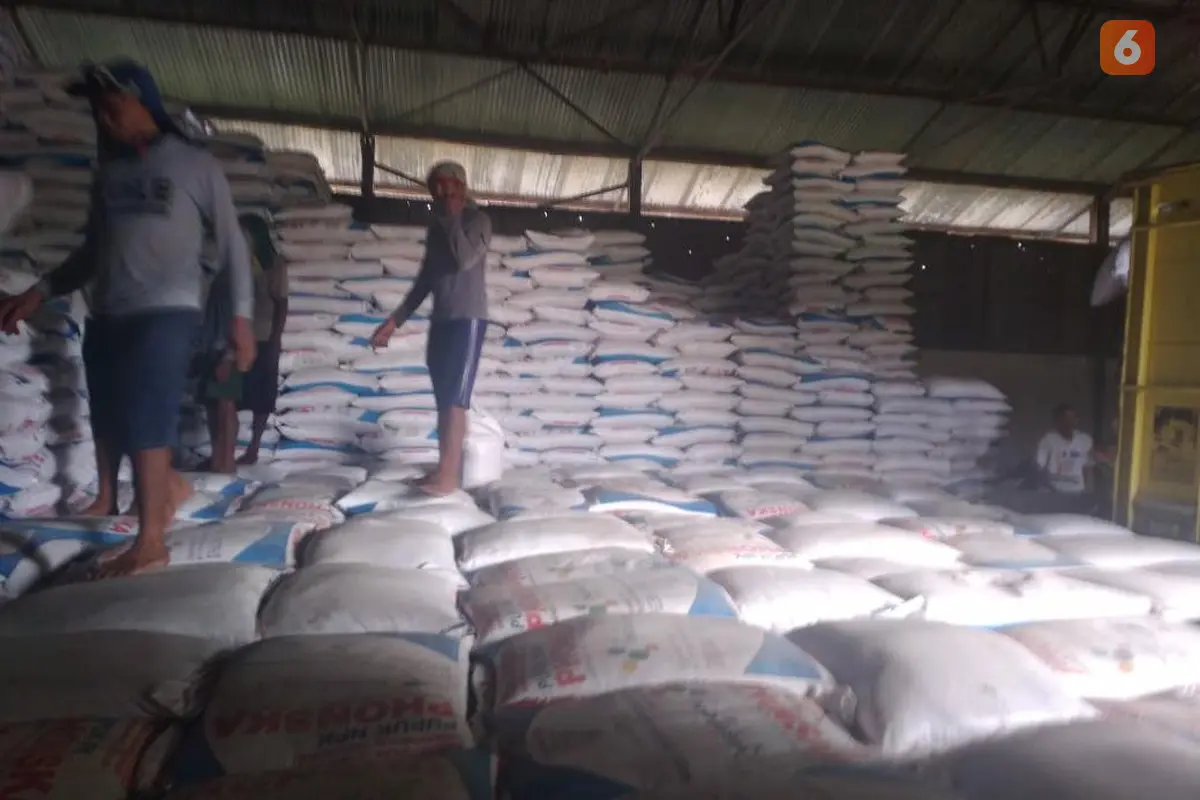 Penampakan tumpukan pupuk subsidi melimpah di salah satu gudang penyangga PT Petrokimia Gresik yang berada di Kabupaten Blora (Liputan6.com/Ahmad Adirin)