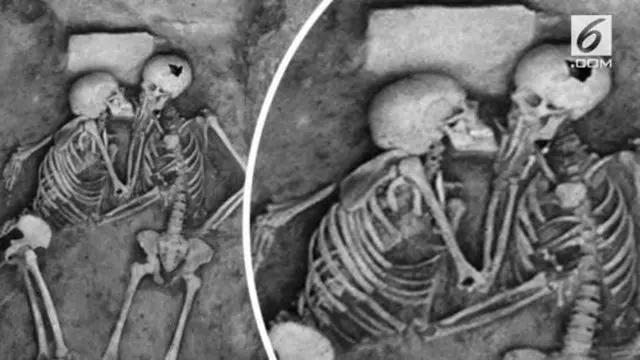 Sosok sepasang kerangka terlihat seperti berciuman setalah dikubur selama ribuan tahun.