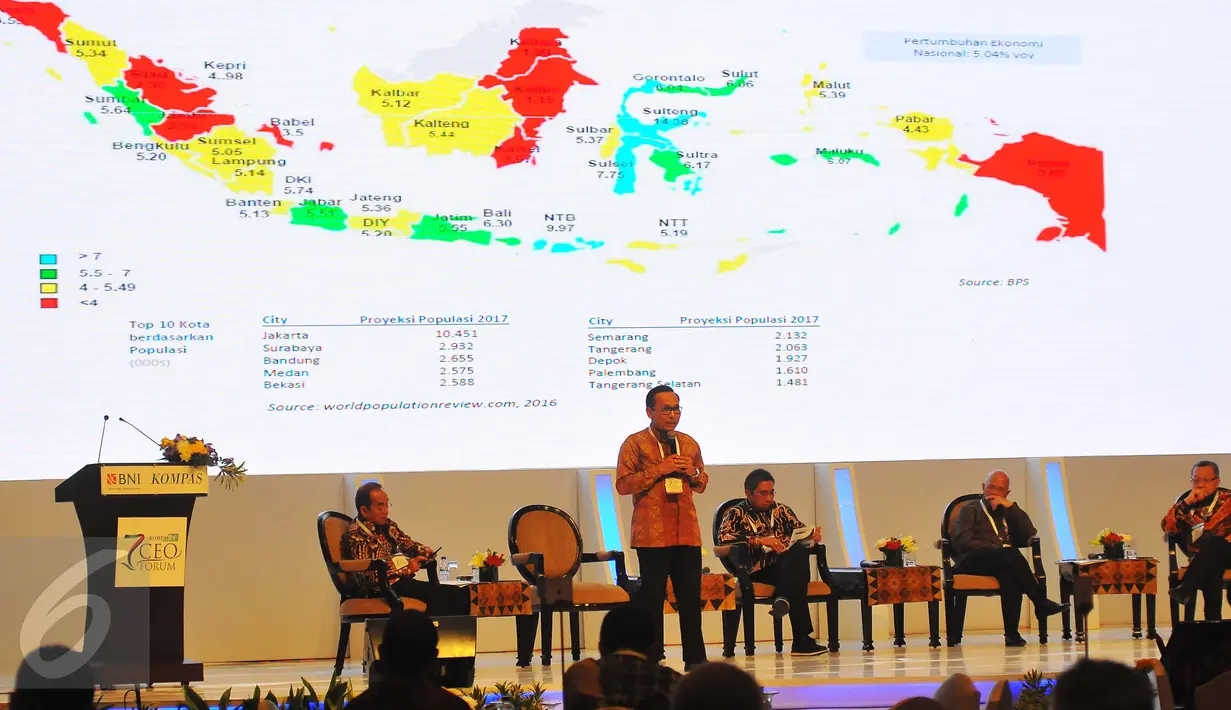Suasana pembukaan Kompas 100 CEO Forum, Jakarata, Kamis (24/11). Forum tersebut membahas langkah-langkah konkret memantapkan iklim investasi untuk mendorong pertumbuhan ekonomi. (Liputan.com/Angga Yuniar)