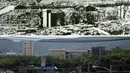 Gambar menunjukkan reruntuhan Sekolah Nasional Shiroyama (atas), Jepang  pada oktober 1945 yang hancur oleh bom atom Nagasaki pada 9 Agustus 1945 di Jepang. (REUTERS/Shigeo Hayashi/Nagasaki Atomic Bomb Museum /Handout via Reuters /Issei Kato)