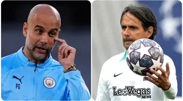 Foto kombinasi memperlihatkan pelatih Manchester City Pep Guardiola (kiri) dan pelatih Inter Milan Simone Inzaghi (kanan) saat sesi latihan di Ataturk Olympic Stadium, Istanbul, Turki, Jumat (9/6/2023). Manchester City dan Inter Milan melakukan persiapan terakhir jelang laga final Liga Champions. (AP Photo/Manu Fernandez/Antonio Calanni)