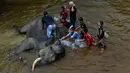 Pawang dan anak-anak memandikan gajah jinak di sungai kawasan Conservation Response Unit (CRU) Desa Naca, Trumon Tengah, Aceh Selatan, Jumat (19/6/2020). BKSDA Aceh memiliki 32 ekor gajah jinak untuk melakukan penggiringan gajah liar yang memasuki permukiman penduduk. (CHAIDEER MAHYUDDIN/AFP)