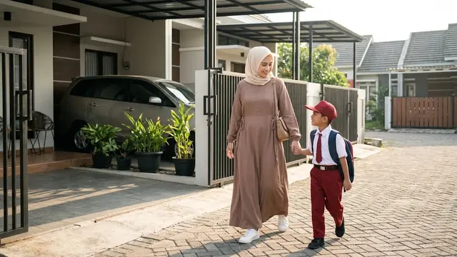 Model Baju Gamis Polos Modern Terbaru untuk Ibu-ibu Antar Jemput Anak