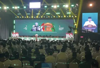 Ketua Umum Pengurus Besar Nahdlatul Ulama (PBNU) Yahya Cholil Staquf atau Gus Yahya menekankan rasa syukur atas terlaksananya peringatan Harlah ke-100 NU. (Liputan6.com/Winda Nelfira)