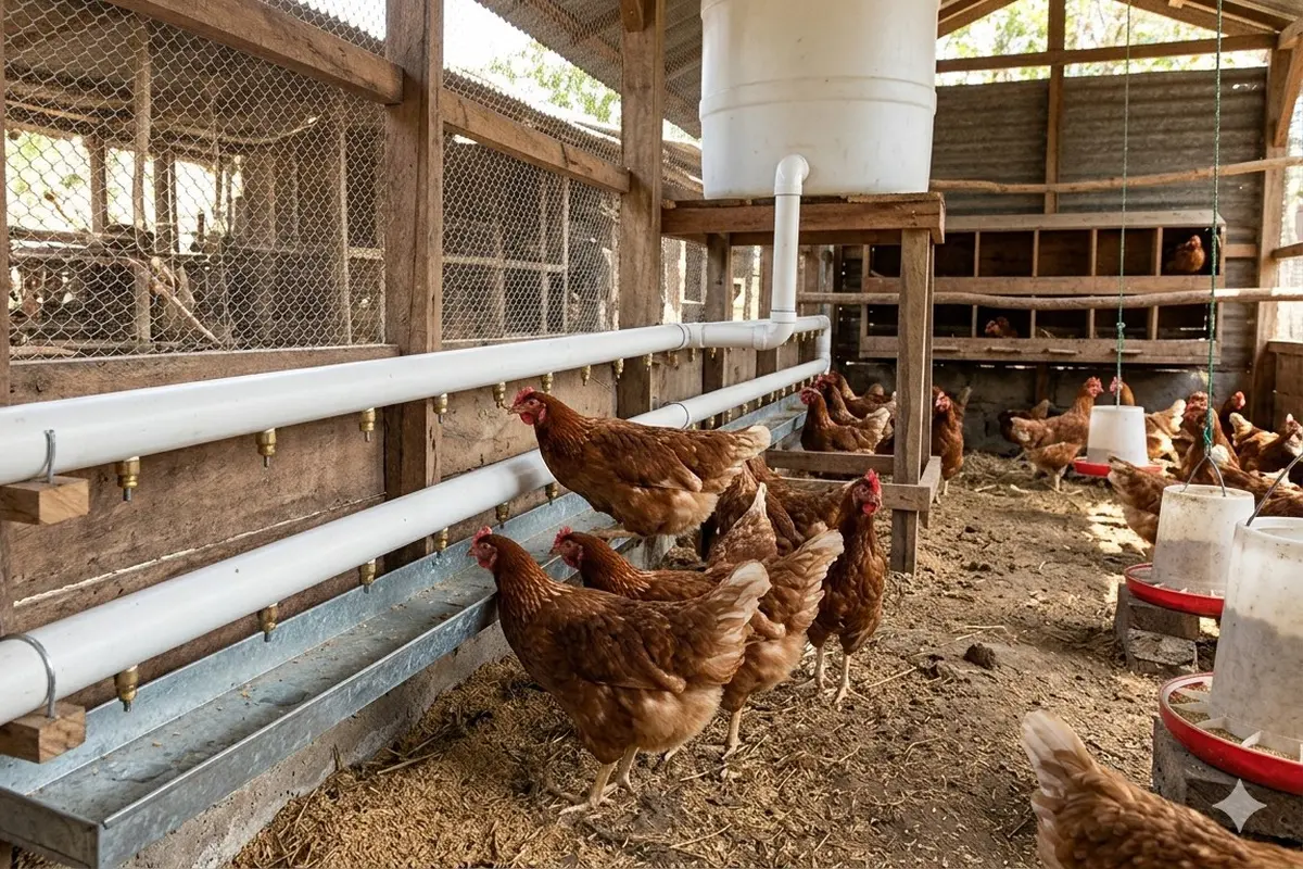 Kandang Ayam dengan Sistem Minum Otomatis (Foto: Gemini AI)