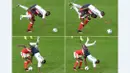 Kombinasi foto yang merekam pemain Prancis, Paul Pogba (atas), berebut bola dengan pemain Swiss, Breel Embolo, pada laga terakhir Grup A Piala Eropa 2016 di Stade Pierre Mauroy, Lille, Senin (20/6/2016) dini hari WIB. (AFP/Denis Charlet)