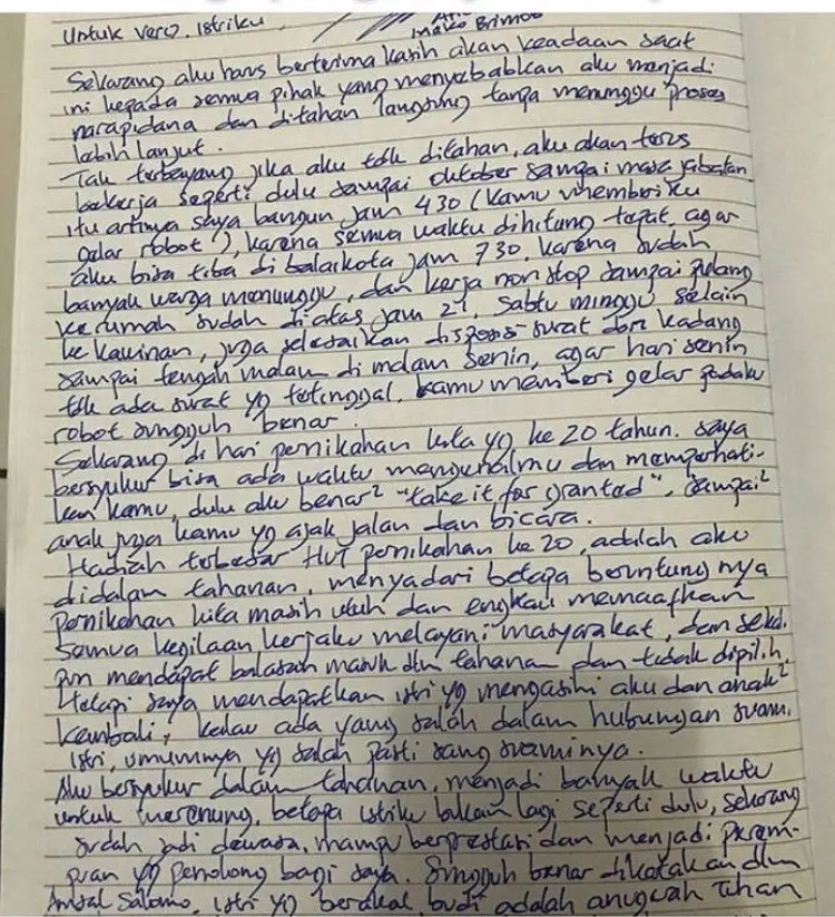 Surat cinta Ahok untuk Veronica sebagai hadiah ulang tahun ke-20 pernikahan mereka. (Istimewa)