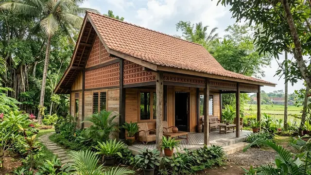 Inspirasi Rumah Desa Kombinasi Kayu dan Roster agar Lebih Adem